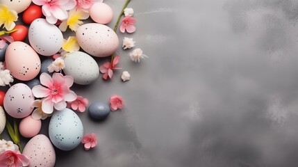 Springtime Celebrations: Colorful Easter Eggs and Blooms on Neutral Backdrop