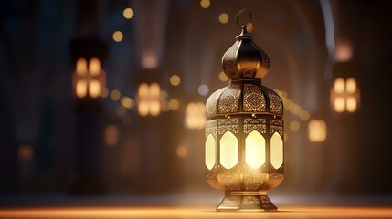 3d rendering of Ramadan Kareem lanterns in front of mosque