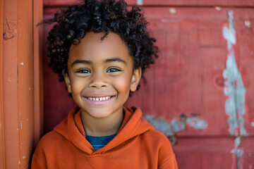 portrait of a child smiling with garnet sweatshirt for advertisement