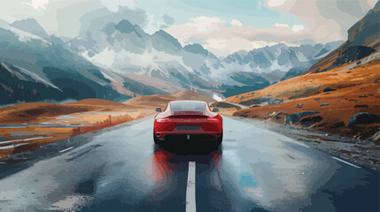 Fast sports car on road with shaped mountains 