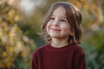 portrait of a child smiling with maroon color sweater