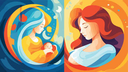 Flat and colored mother-baby composition different