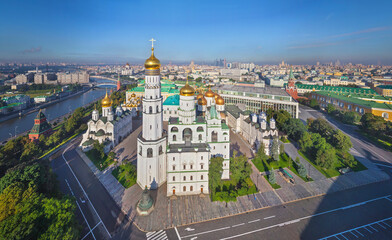 Aerial panoramic view of Orthodox churches inside the Moscow Kremlin, Moscow downtown, Moscow Oblast, Russia.