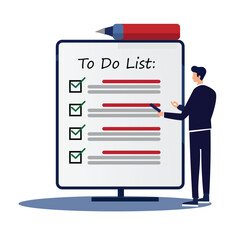 To-do list everything done. time management completed tasks concept. clipboard with checklist on board with a man filling to-do list vector illustration. 