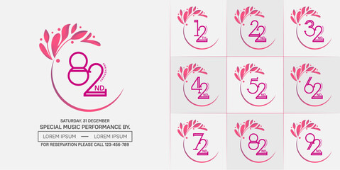 set of anniversary logotype pink color with swoosh and ornament for special celebration event