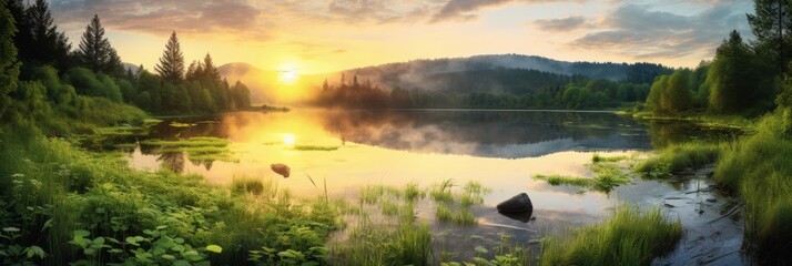 Tranquil scene of a panoramic landscape with sunset and sky over idyllic lake and river with reflection - obrazy, fototapety, plakaty