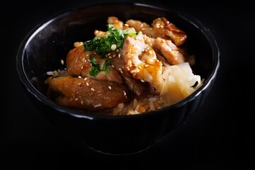 Grilled Chicken teriyaki rice Japanese food isolated in black background