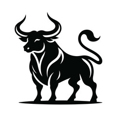 Bull with horns. Aggressive bull standing silhouette vector - obrazy, fototapety, plakaty