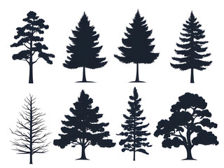 Set of silhouettes of trees, bushes and grass
