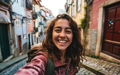 Porto Adventure: Young Native Woman with Backpack Takes a Joyful Selfie in the Heart of Porto, Portugal, Amidst Colorful Houses and Cobblestone Streets