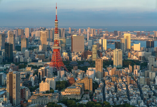 Aerial view of Tokyo downtown at sunset, Kanto region, Japan.