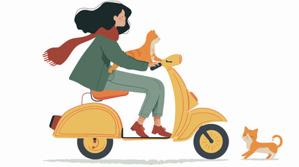 Girl on a Scooter with a Cat isolated white background - obrazy, fototapety, plakaty