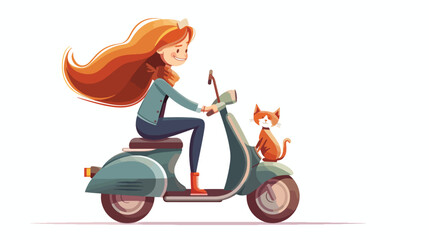 Girl on a Scooter with a Cat isolated white background - obrazy, fototapety, plakaty