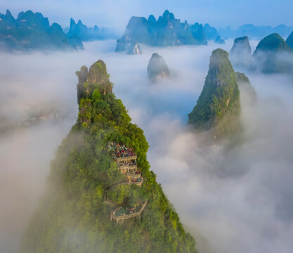 Aerial view of Moon Hill Yangshuo, a scenic hilly landscape, Yangshuo County, Guilin, Guangxi Zhuang Autonomous Region, China.