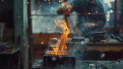Pouring Melted Glass into Graphite Mold in Workshop