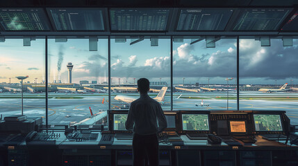 An air traffic controller monitors airplane activity on a bustling airport runway from the control tower at dusk.. - obrazy, fototapety, plakaty