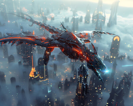 Mechanical dragon sleek design soft light flying over a cyber city space for text stock photo style