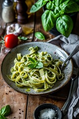 delicious tagliatelle with basil pesto sauce on a wooden table