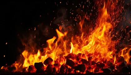 Fotobehang Fire embers particles over black background. Fire sparks background. © adobedesigner