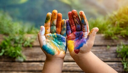 Child's hands covered in brightly colored paint. Perfect for art projects and creative activities