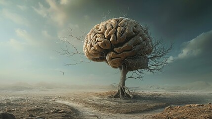 brain tree in a desolate land, surreal - obrazy, fototapety, plakaty