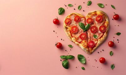 heart shaped pizza seen from above, on a pink pastel background, fast food copy space wallpaper	
