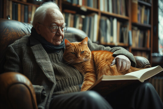 Senior man reads a book comfortably seated on a cozy armchair with a cat napping in his arms, library background - Powered by Adobe