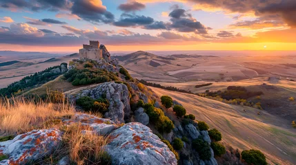 Tuinposter Castillo en una colina con vistas a una llanura © Markus