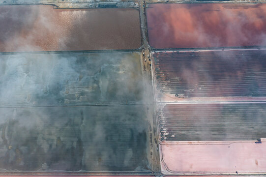 Aerial view of Koyashskoye Salt Lake with low clouds in Crimea Region, Autonomous Republic of Crimea, Ukraine.