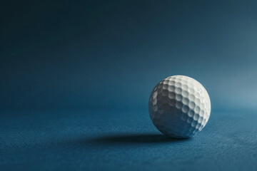 Stylish golf ball isolated on empty dark blue background, close up shot with blank space for text.