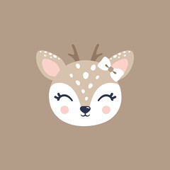 Illustration of cute deer, fawn. Baby, child, cute portrait. Little face, little animal, pet. Brown character, colorful graphic. Stickers, wall art, kids room decoration, cutie full face, small fawn