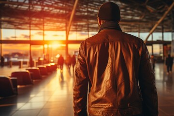 Rear view of an unrecognizable man in a suit businessman with a suitcase at the airport, close-up . Travel, business trip concept with copy space