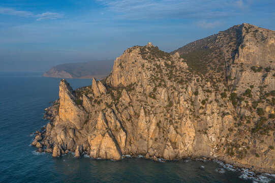 Aerial view of mountains along the Black Sea coastline at sunset, Crimea Region, Autonomous Republic of Crimea, Ukraine.