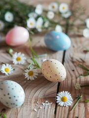 Wallpaper for Easter card invitation, with decorated pastel easter eggs and flowers on pastel background	