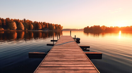 A serene lakeside scene at dusk as smoke drifts over the calm waters - obrazy, fototapety, plakaty