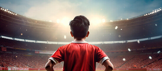 back view of football player kid on soccer stadium wearing red equipment