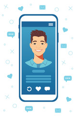 Social media profile. Smartphone with a man avatar, text and various icons around. Dating applications concept. Mobile page blue design layout. Vector illustration in flat style