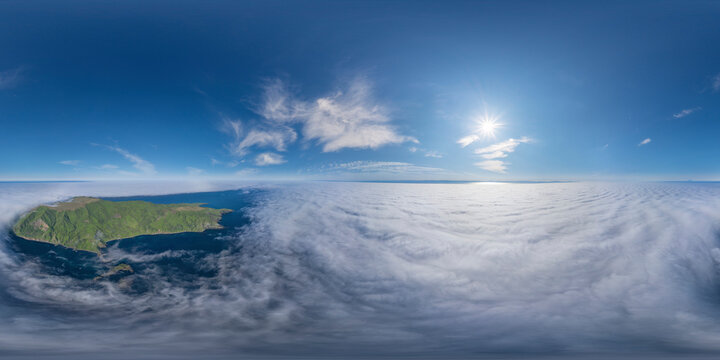 Aerial panoramic view of Ostrov Moneron island, Nevelsk, Sakhalin Oblast, Russia.