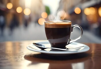 A Cup Of Coffee On A Saucer With A Spoon, A Tilt Shift Photo, Anamorphic Bokeh, Italian. AI...