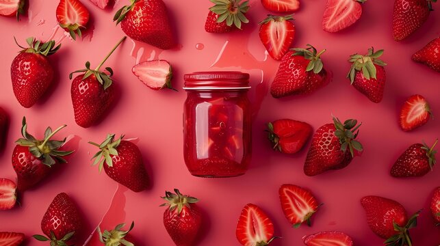Jar of strawberry jam on on a pink background with fresh ripe strawberries laid out around.