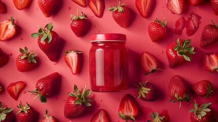 Jar of strawberry jam on a red background with fresh ripe strawberries laid out around. Natural food nutrition winter preserve