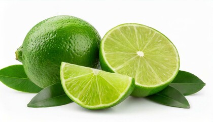 Green lime with cut in half and slices isolated on white background.
