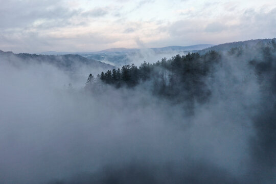 Aerial Drone View of Mountains in Clouds, Williamstown, Vermont, United States.