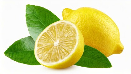 Natural Lemon fruit with green leaf isolated on white background. Clipping path.