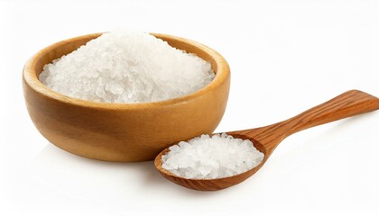 Pure natural sea salt in wooden bowl and wooden spoon isolated on white background