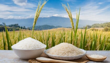 White rice and paddy rice with rice plant background.	
