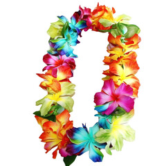Colorful Hawaiian lei necklace made of various flowers on a transparent background