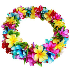 Colorful Hawaiian lei necklace made of various flowers on a transparent background