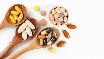 Top view Variety of vitamin and mineral pills in wooden spoon isolated on white background - obrazy, fototapety, plakaty