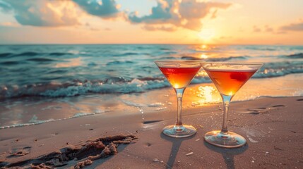 Cocktail glasses sparkled on the sandy beach, catching the last rays of the setting sun as laughter and the sound of waves filled the air, creating a scene of pure relaxation and joy.background.web. - obrazy, fototapety, plakaty